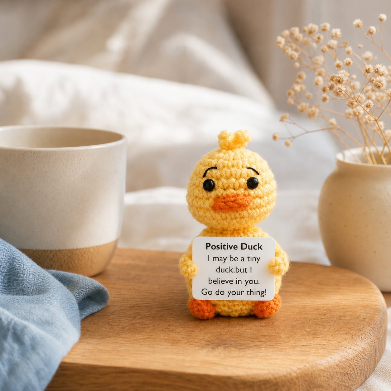 Crochet duck on a breakfast board next to a morning coffee