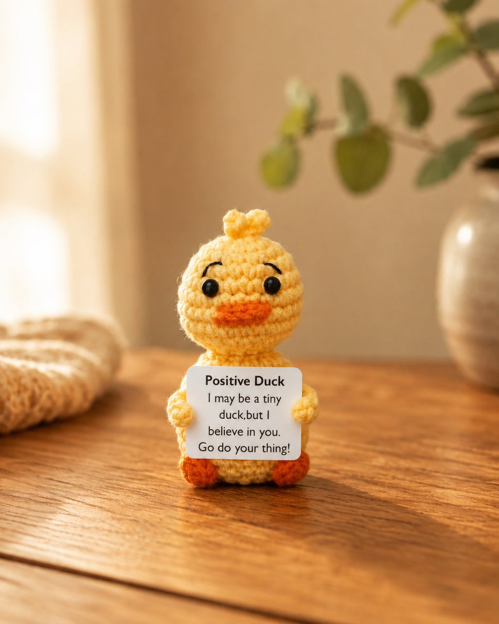 Tiny yellow crochet duck holding an affirmation card