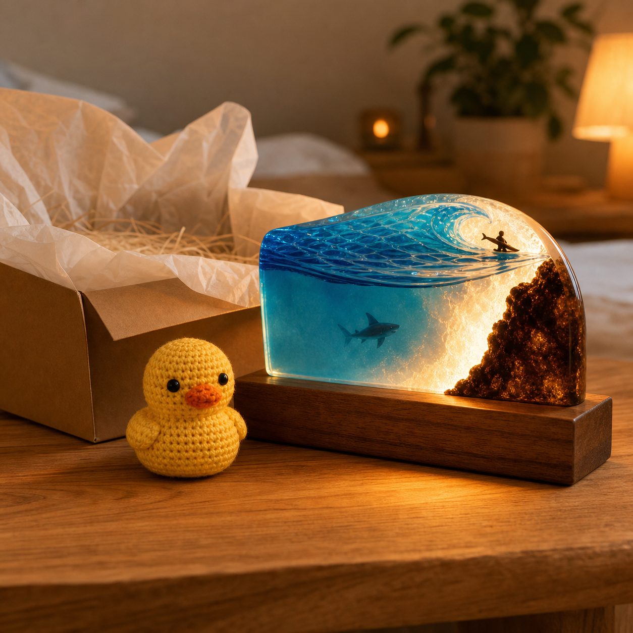 Ocean wave lamp and crochet duck together on a wooden table