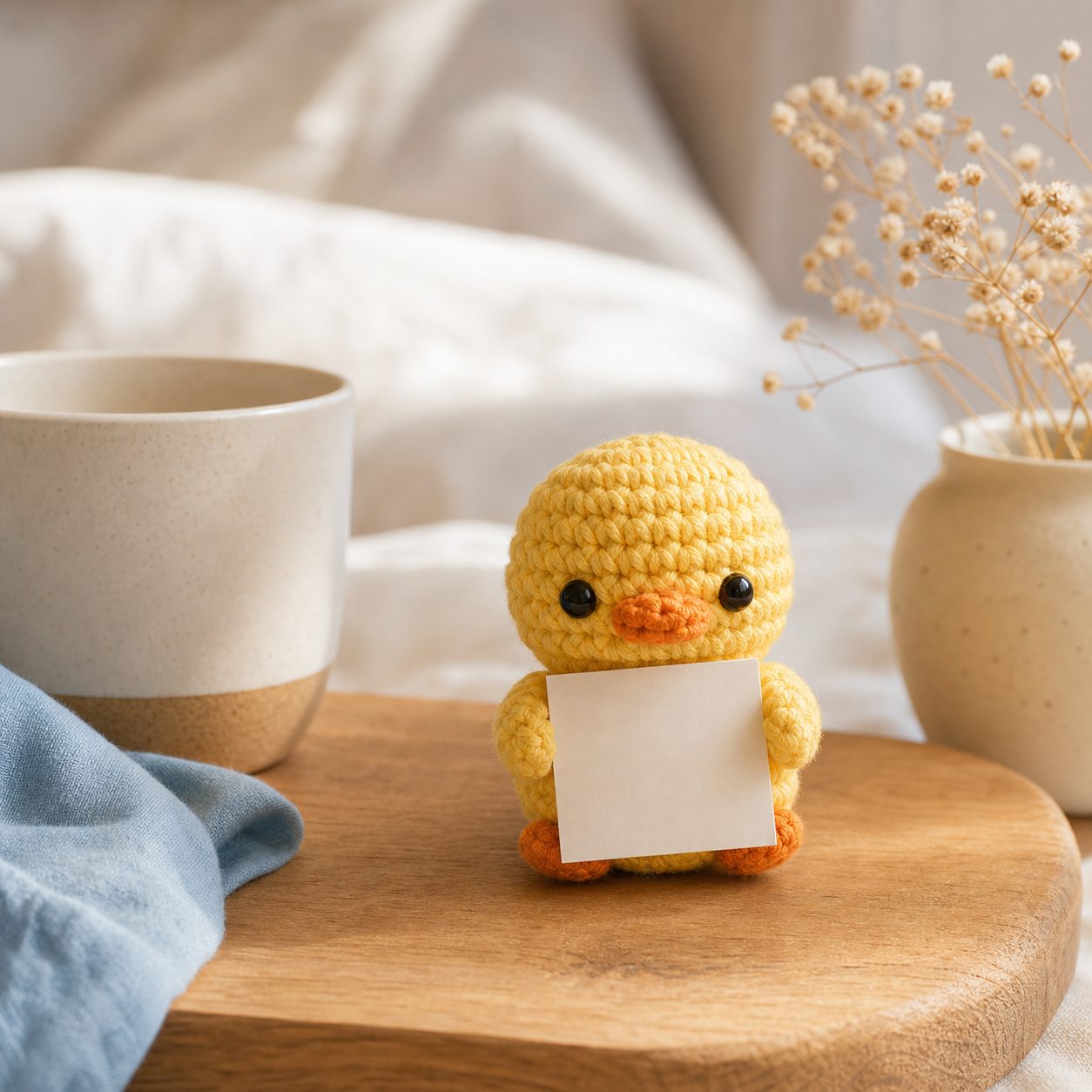 Crochet duck on a bedside board next to a morning coffee