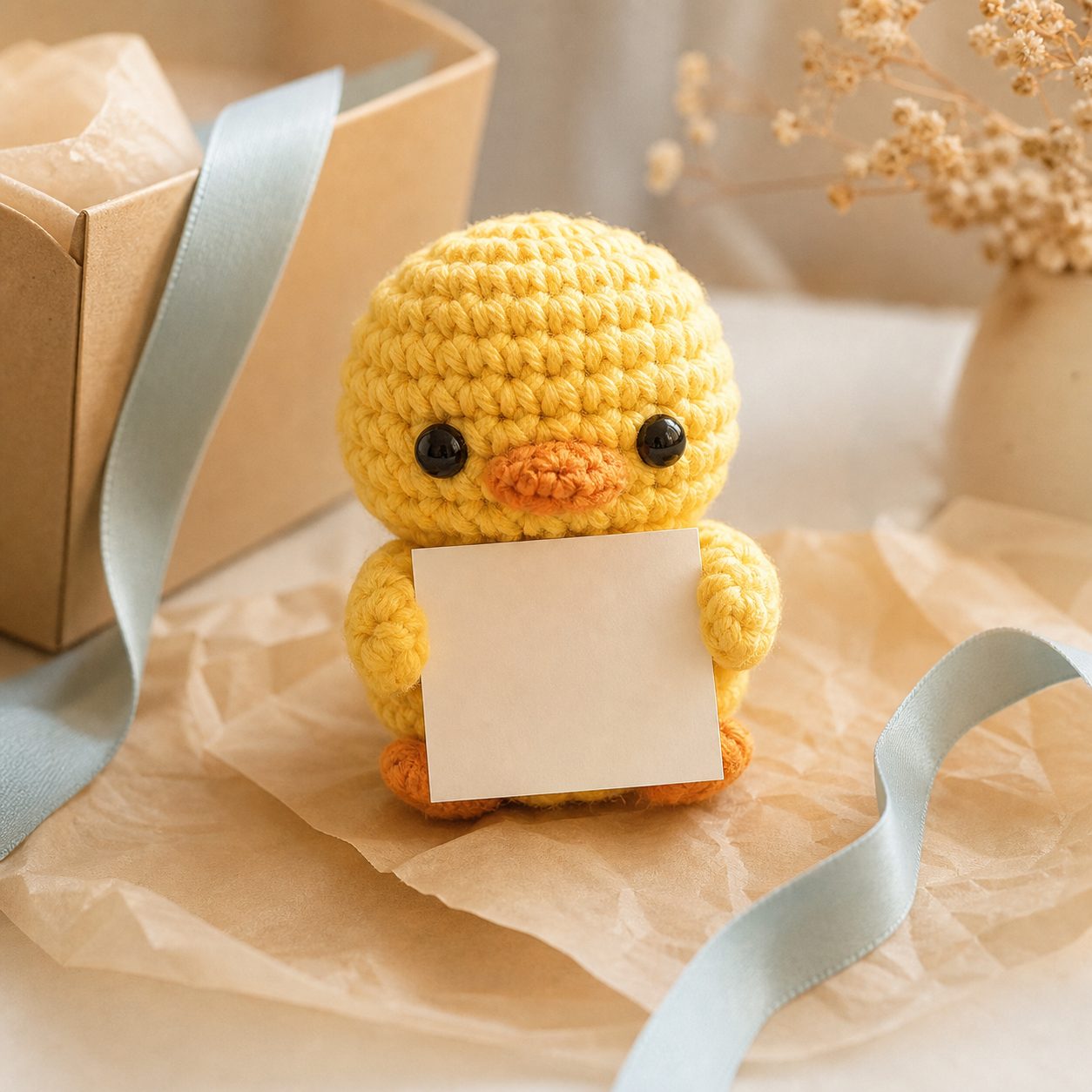 Tiny yellow crochet duck holding a small affirmation card