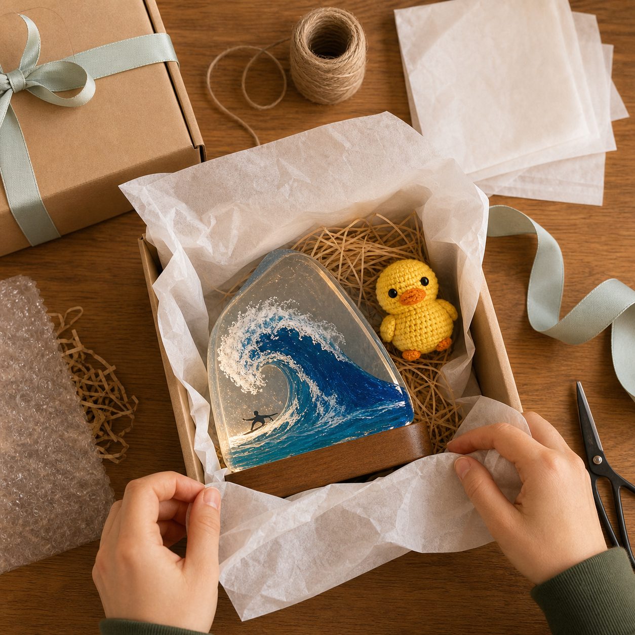 Open gift box with wave lamp and crochet duck nested in tissue paper