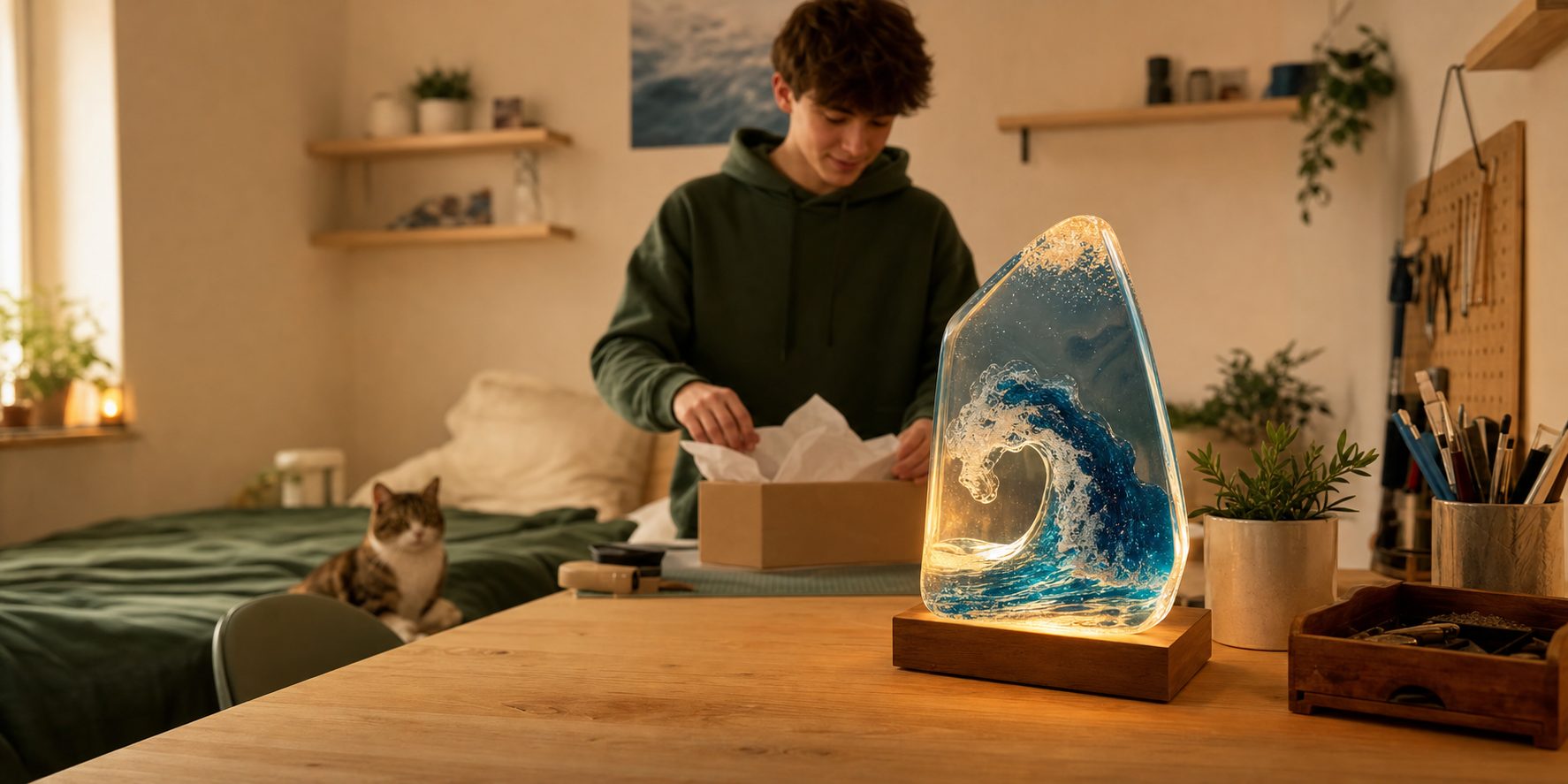 Charlie packing an ocean wave resin lamp at his workbench, with his cat Millie nearby