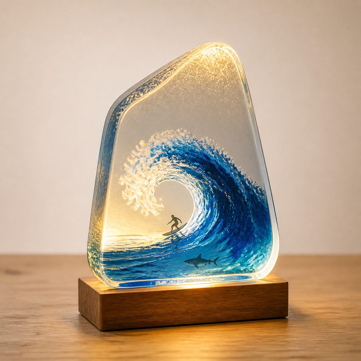 Ocean wave resin lamp with a surfer riding a teal wave, on a burl wood base