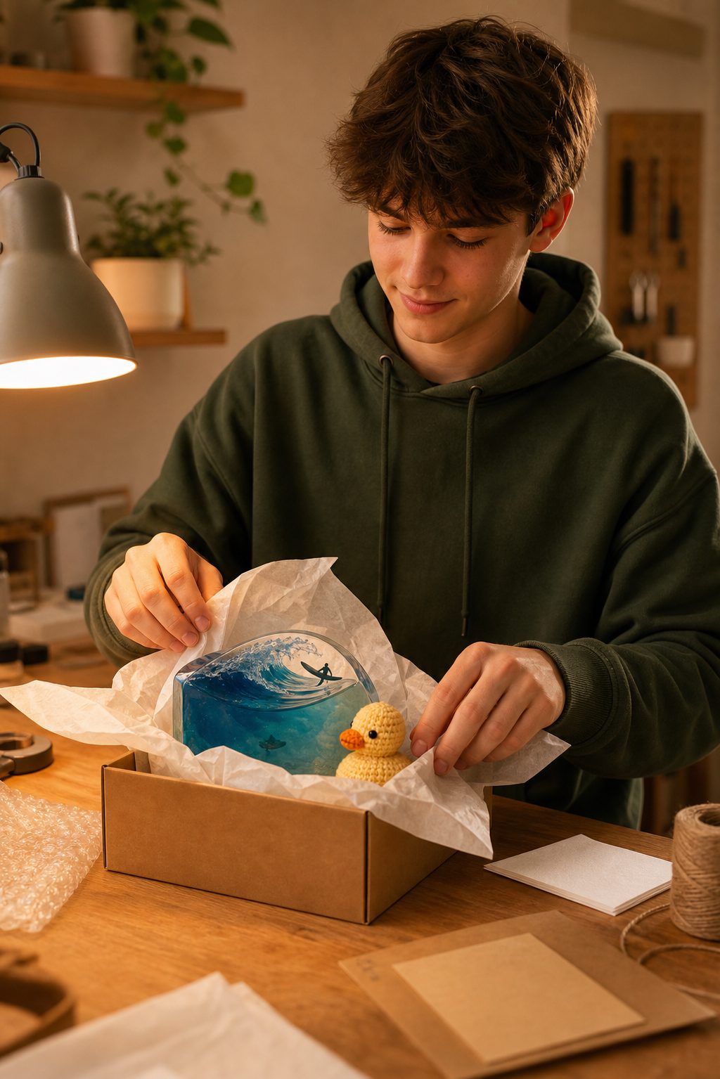 Charlie placing a wave lamp and duck into a box with tissue paper