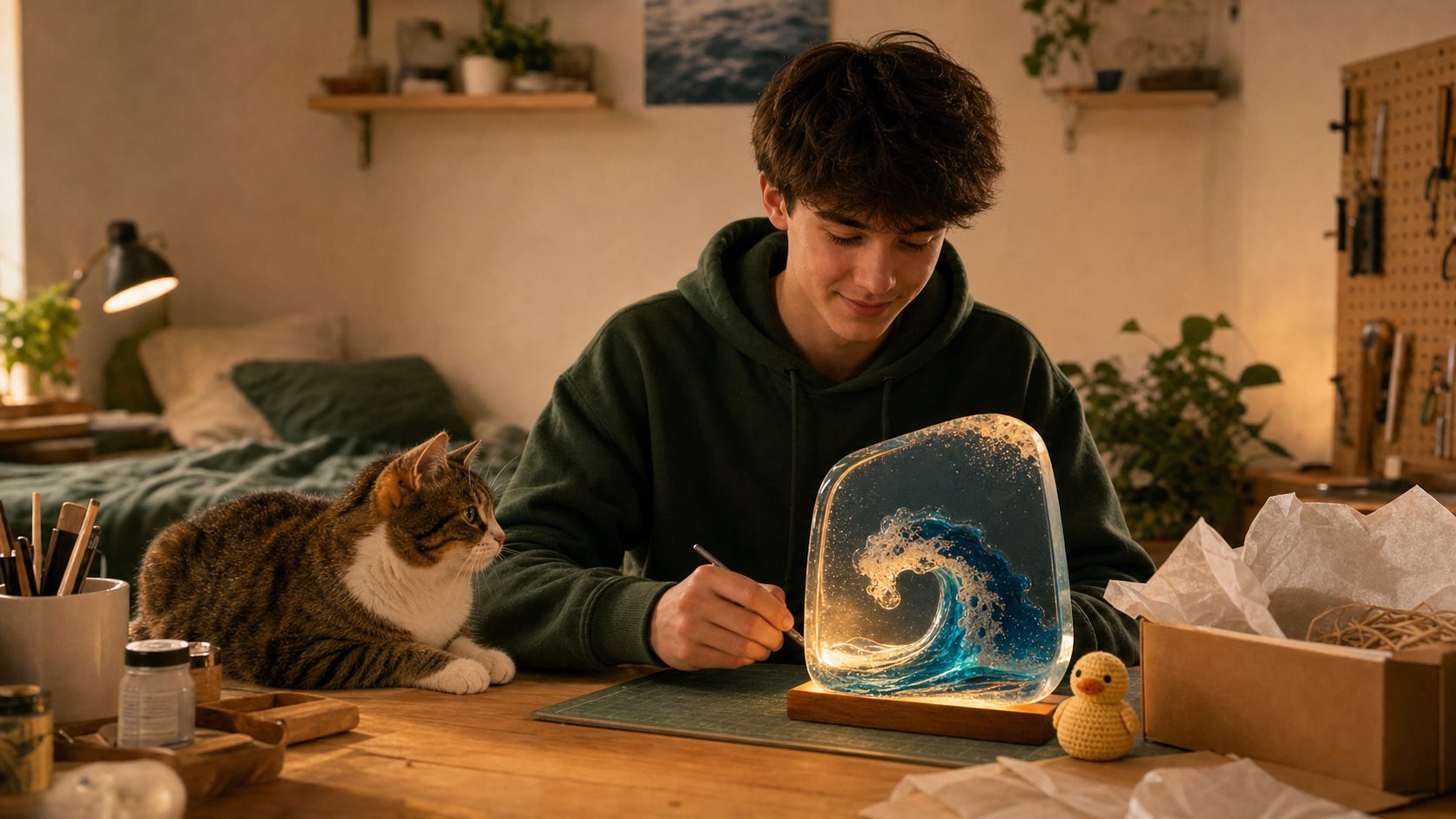 Charlie working on a wave lamp at his desk while Millie the cat watches
